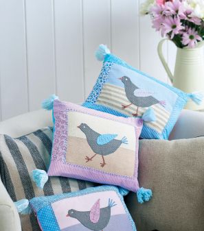 Applique Bird Cushions with Pom Poms