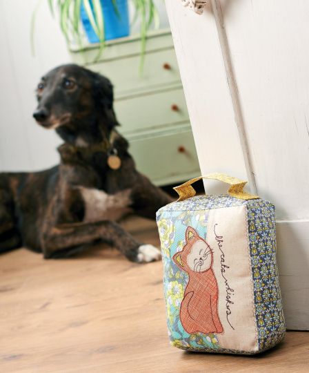 Embroidered Cat Doorstop and Hanging Pocket