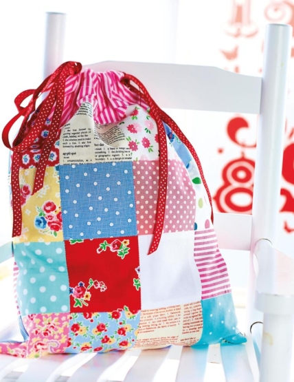 Cross stitch and patchwork drawstring bag