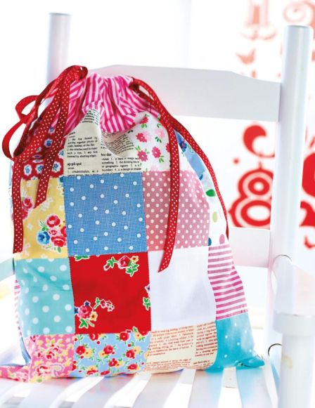 Cross Stitch and Patchwork Drawstring Bag