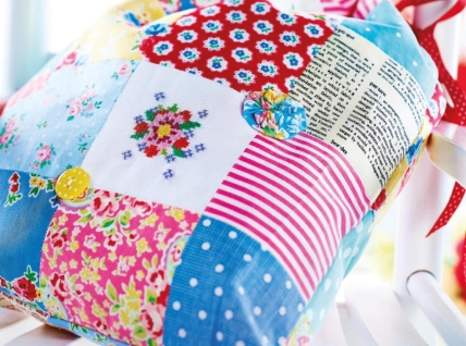 Cross stitch and patchwork drawstring bag