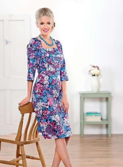 Floral Dress with Pleated Bodice