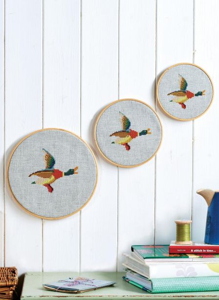 Embroidered Flying Ducks Wall Hanging