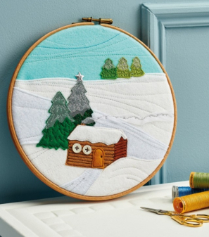Embroidered Winter Cabin Hoop Sewing Pattern