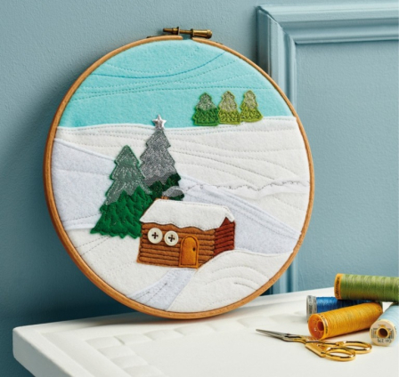 Embroidered Winter Cabin Hoop Sewing Pattern